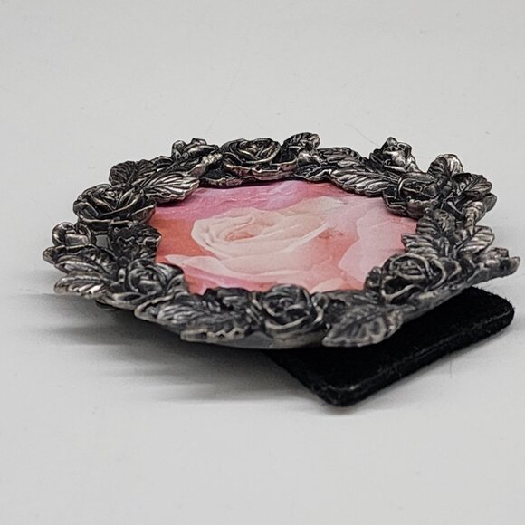 Vintage Pewter Picture Frame Round Rose Design Decorative Tabletop Display - Picture 9 of 11
